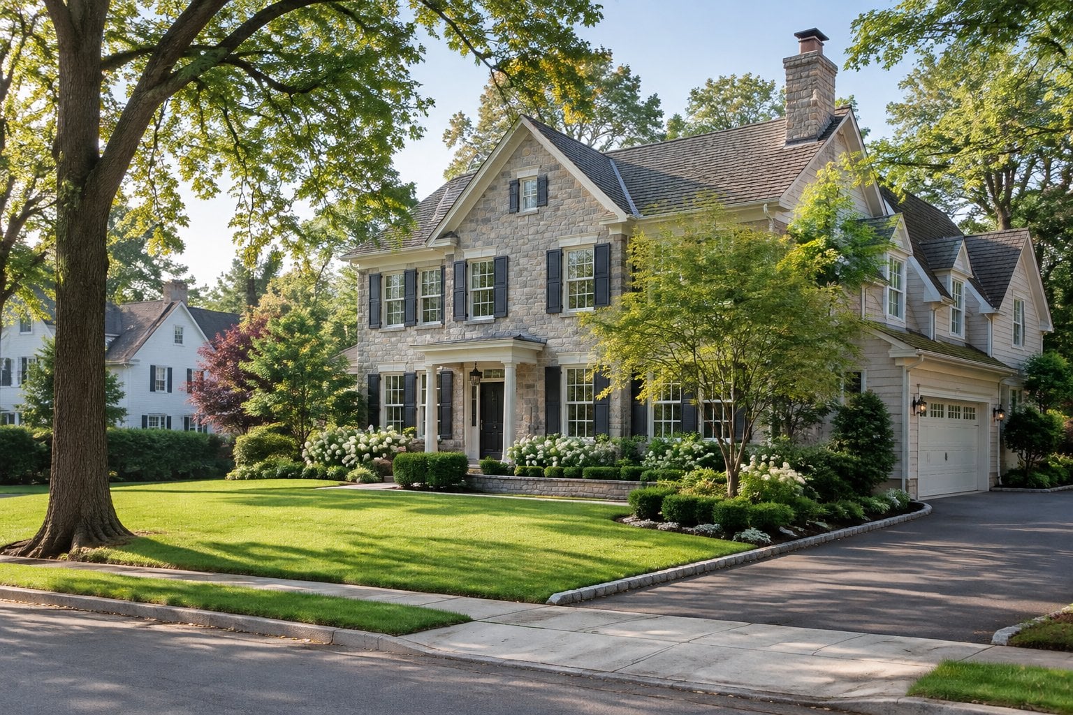 An elegant home on a tree-lined suburban street.