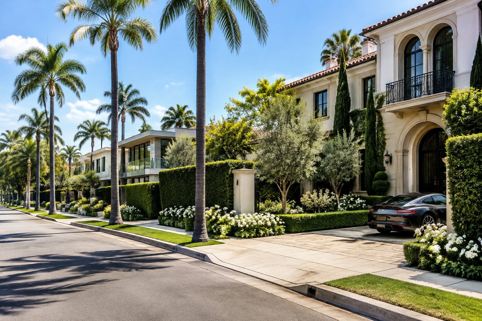 A palm-lined Beverly Hills street with large homes and manicured gardens.