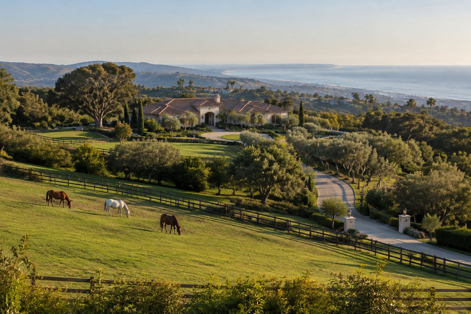 A large home and fenced horse pasture on rolling green hills.