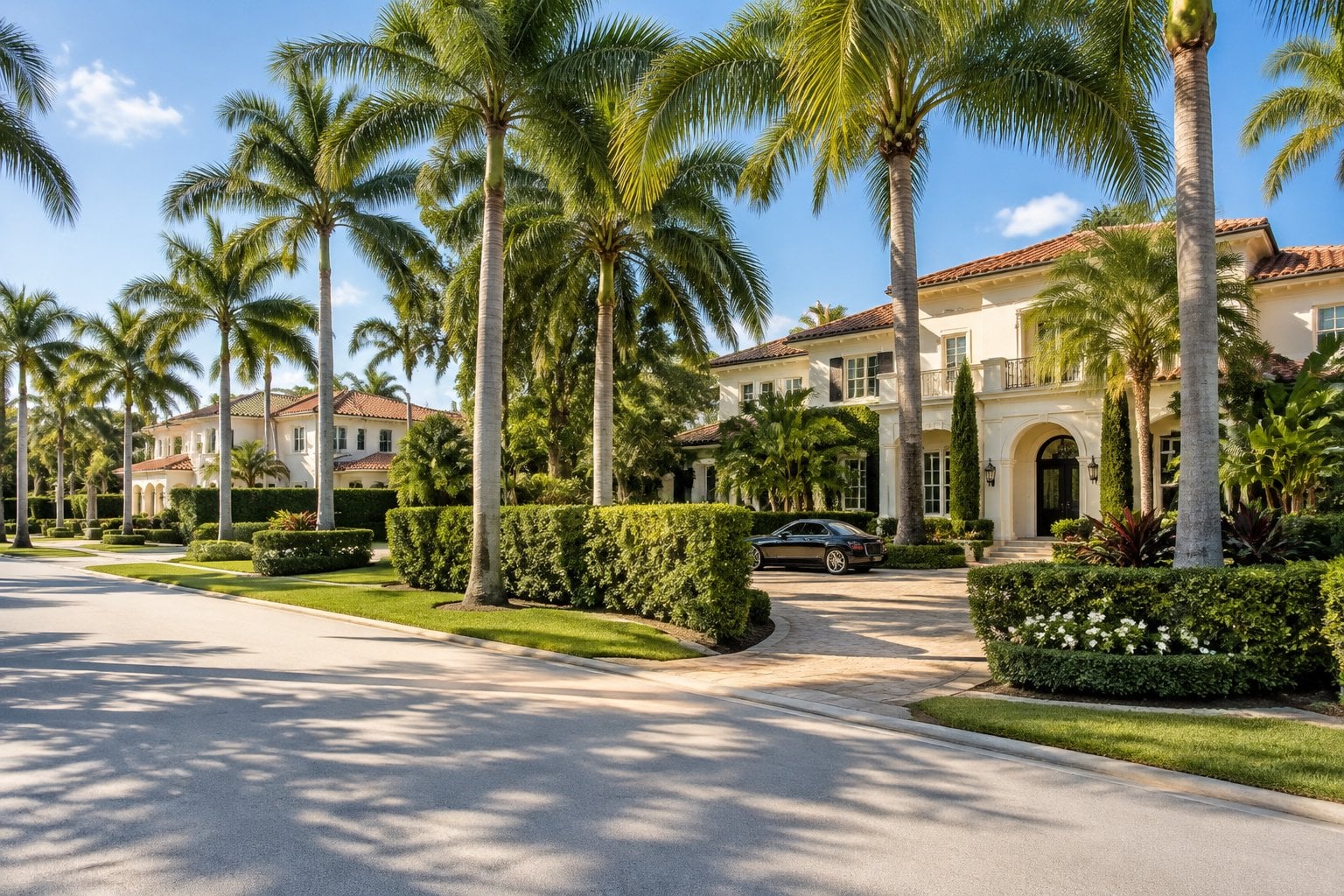 A palm-lined Palm Beach street with stately homes and tropical landscaping.