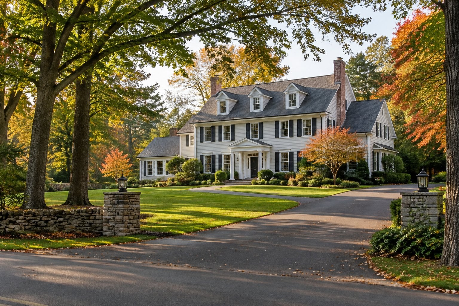 A large Colonial-style home surrounded by trees and a neatly kept lawn.