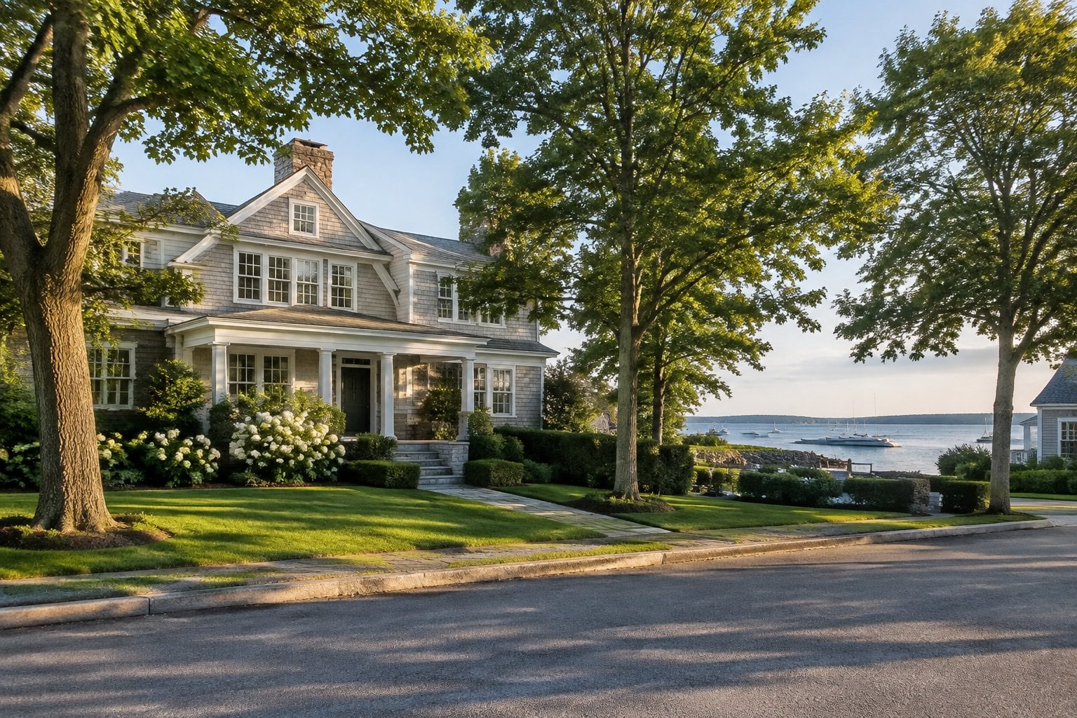 A large home on a leafy, landscaped street near the Connecticut coast.