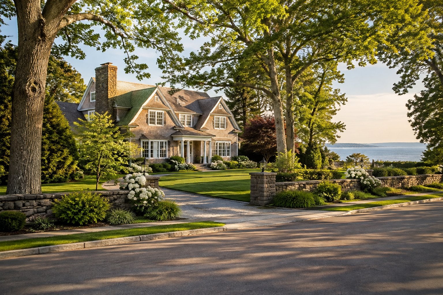 An elegant home surrounded by landscaped grounds in a leafy coastal neighborhood.