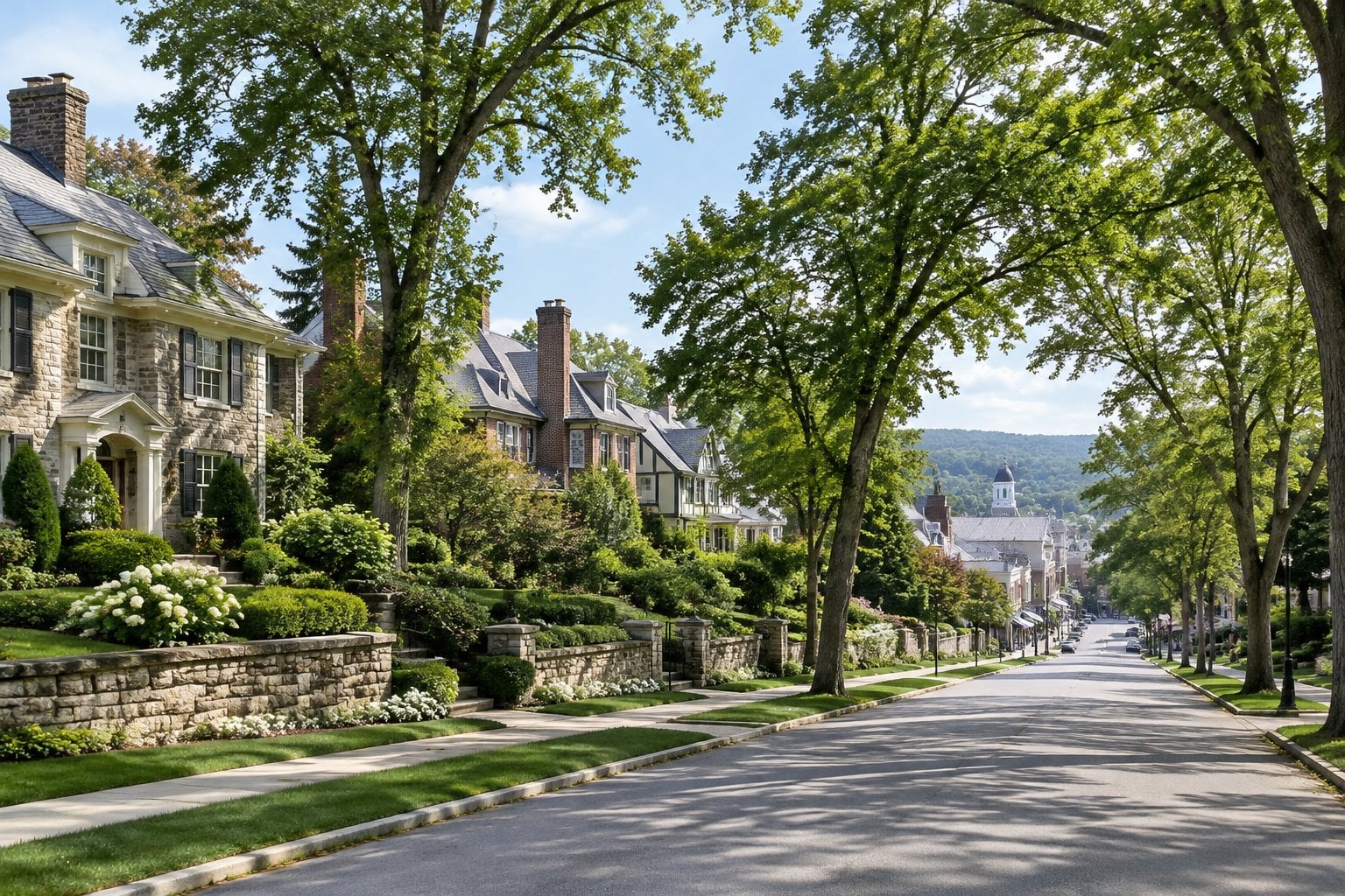 A tree-lined Bronxville street with elegant homes and landscaped lawns.