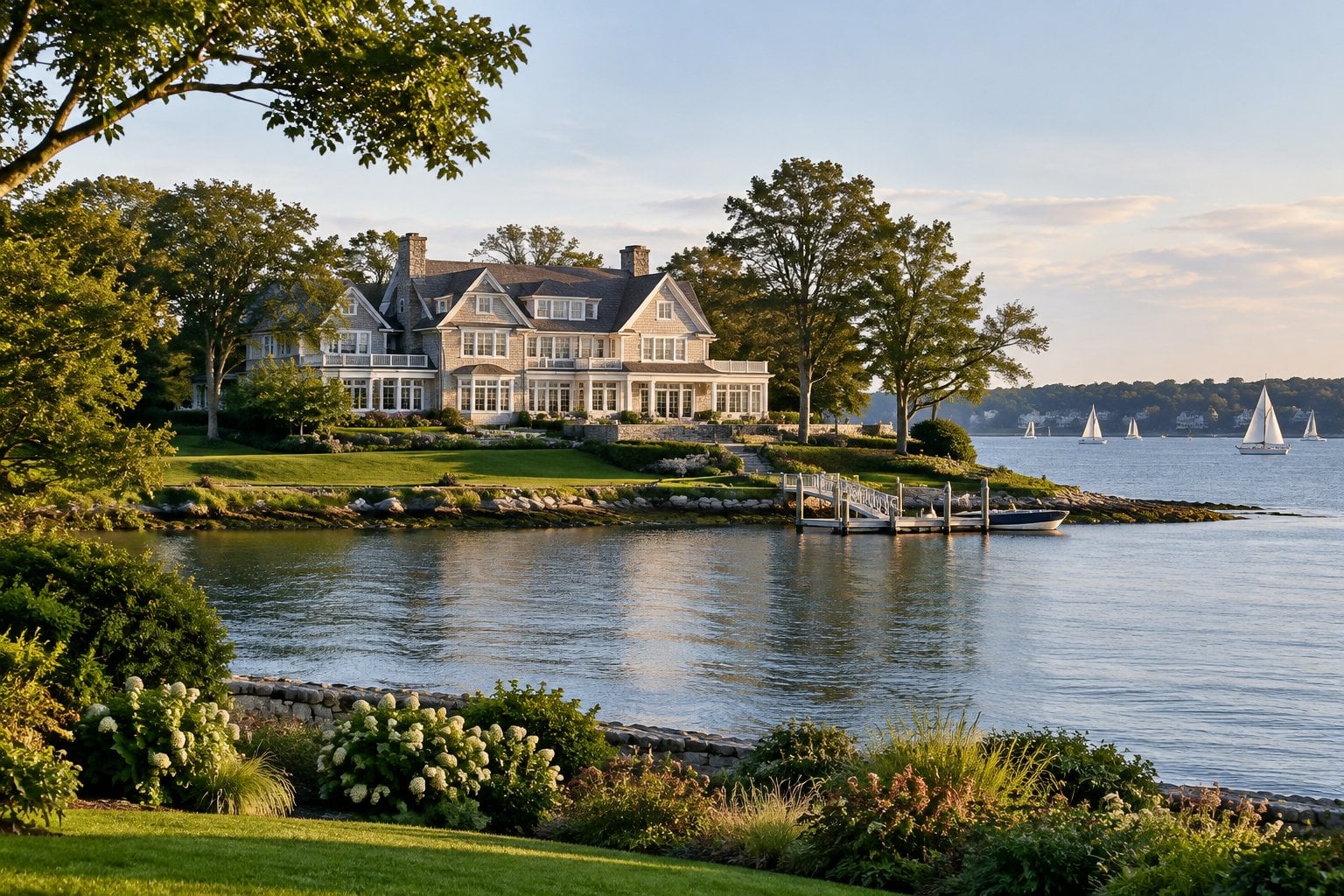 A waterfront estate with landscaped grounds overlooking a quiet harbor.