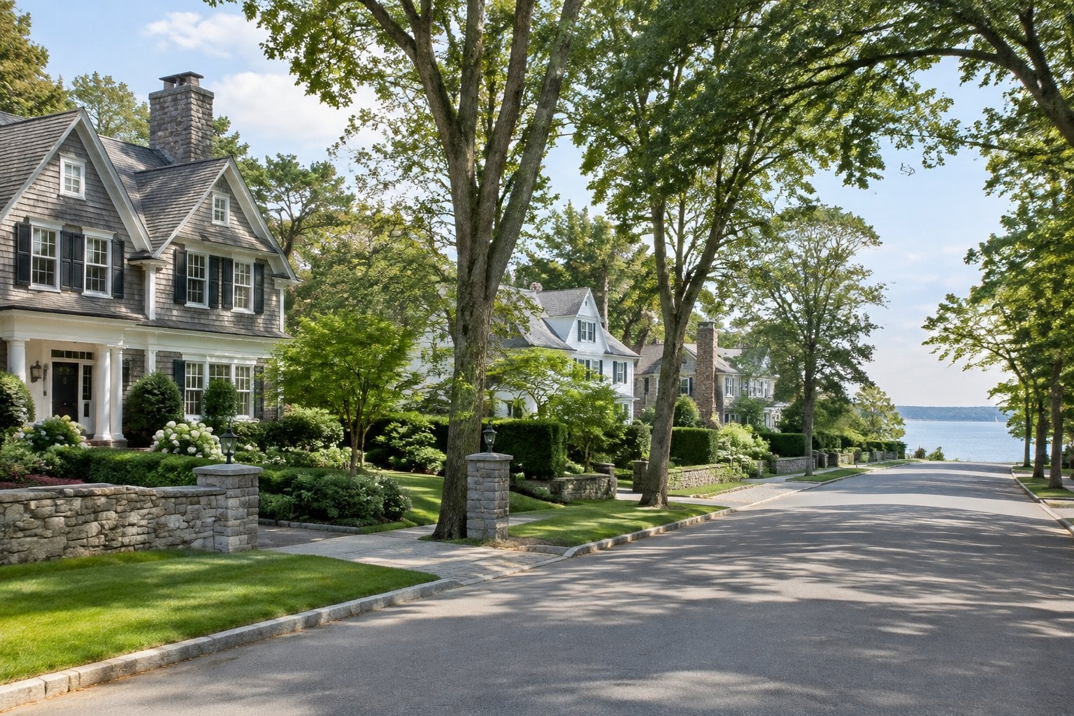 A quiet, tree-lined street with large homes in Great Neck, New York.