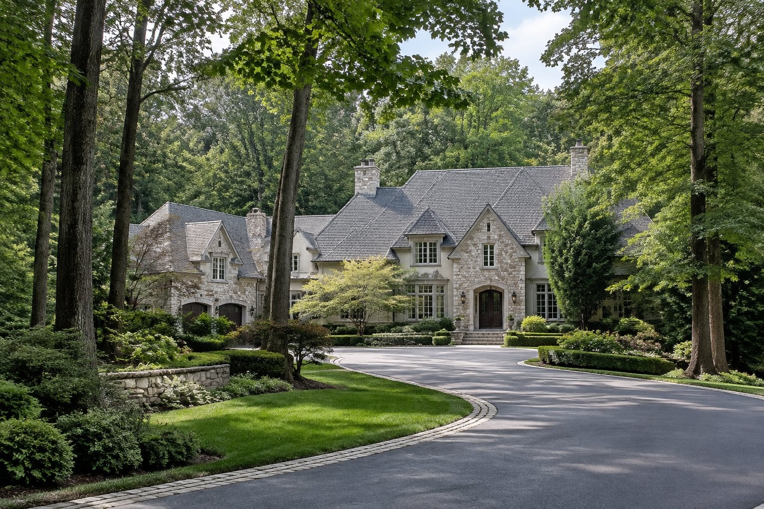 A large estate sits among mature trees and landscaped grounds.