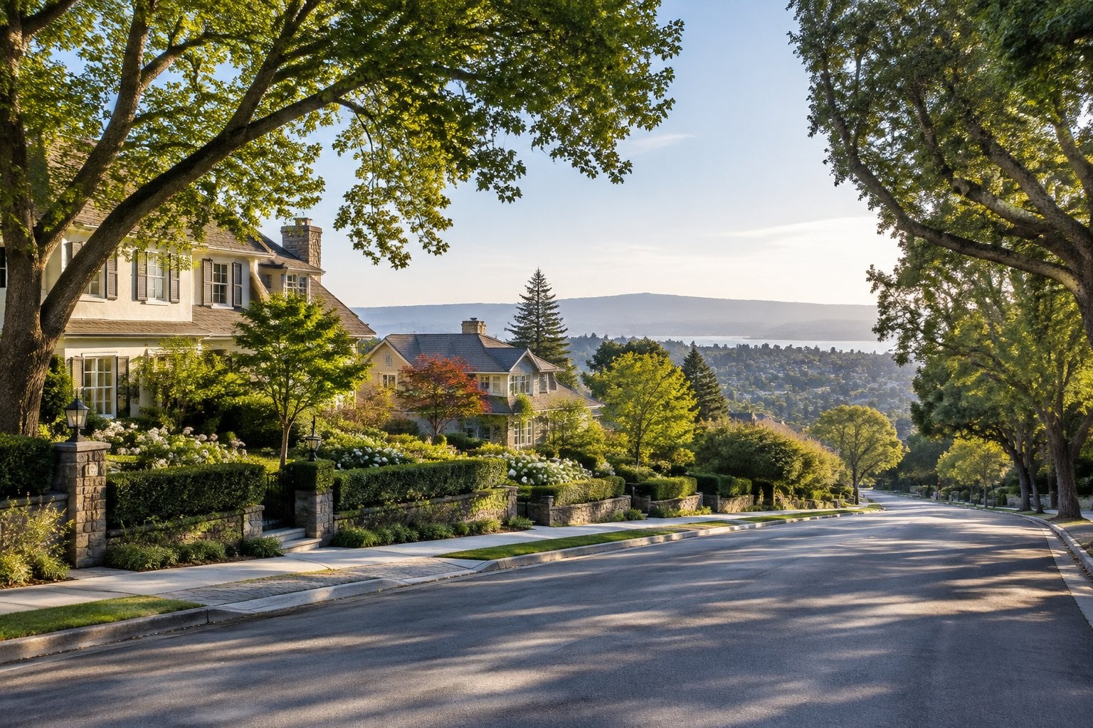 A quiet, tree-lined street with large homes and landscaped gardens.