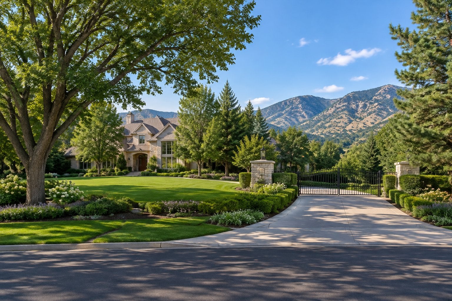 A large home surrounded by trees and landscaped lawns in a quiet Colorado suburb.