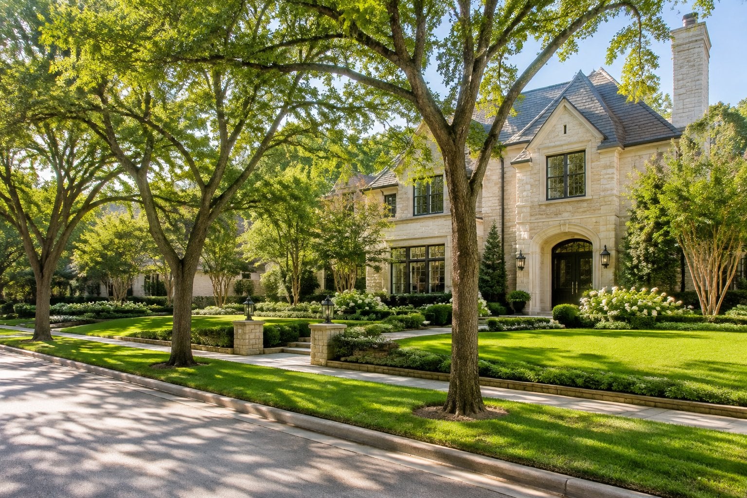 A large, elegant home on a leafy, well-kept residential street.