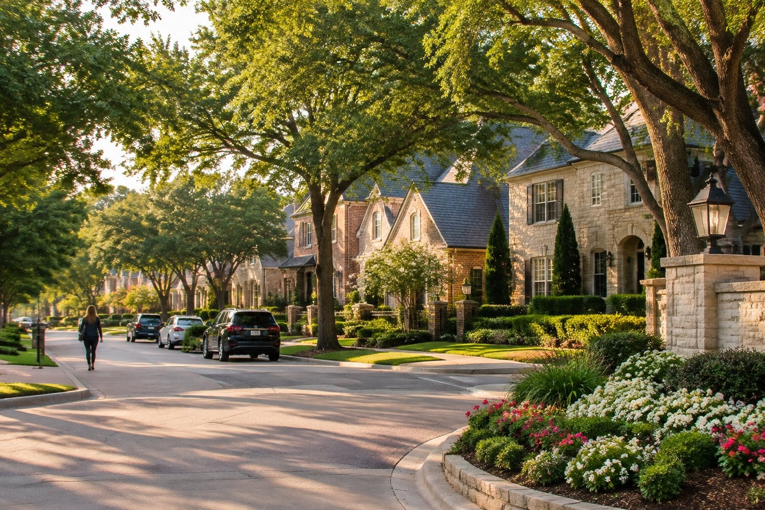 A quiet, tree-lined street with well-kept homes and lawns.