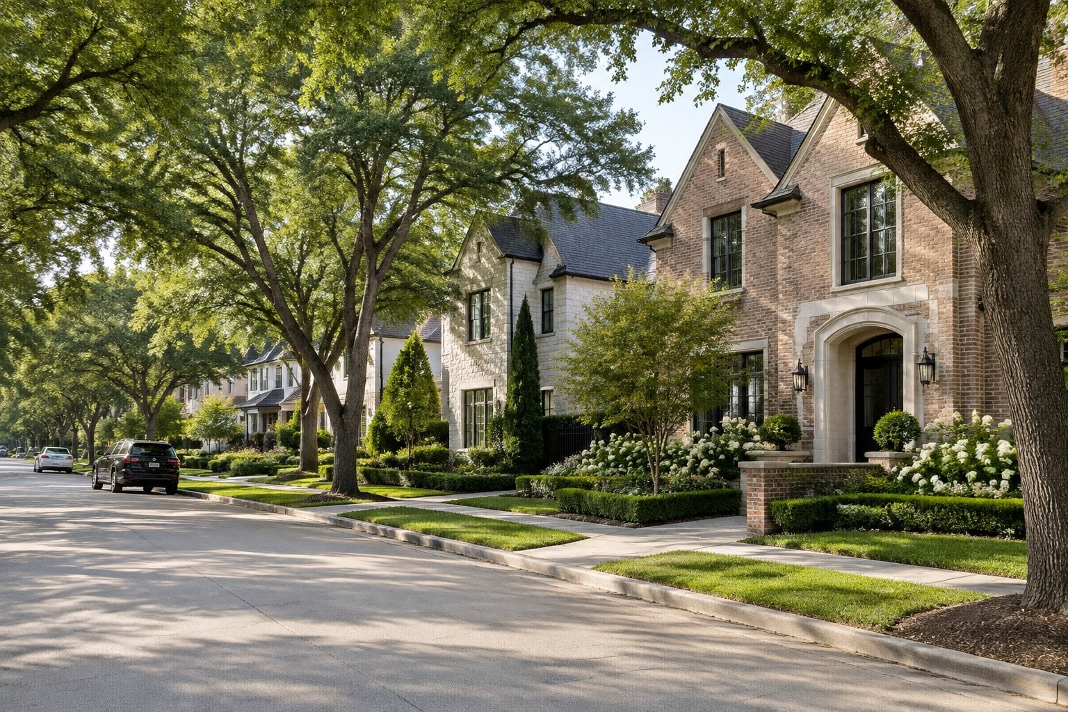 A quiet, tree-lined street with large homes and landscaped front gardens.