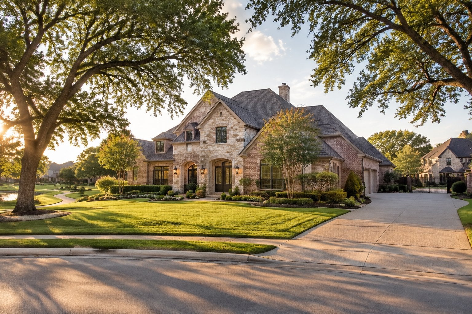 A large brick-and-stone home surrounded by a green lawn and mature trees.