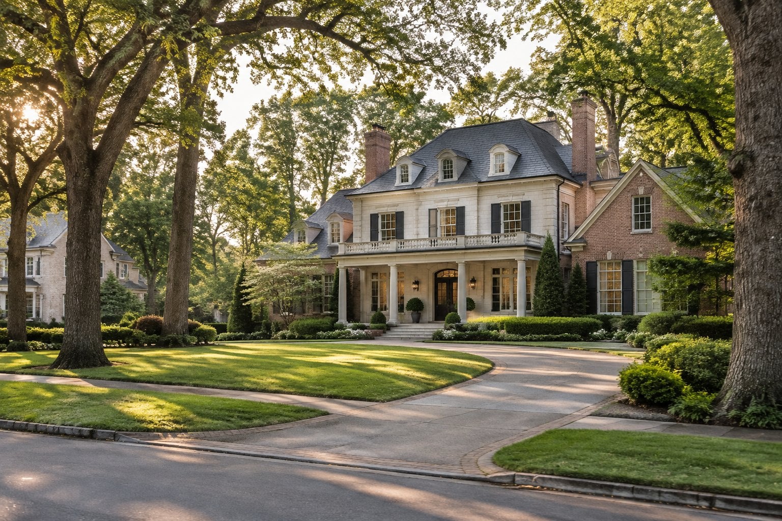 A stately brick home sits among mature trees and manicured lawns on a quiet suburban street.
