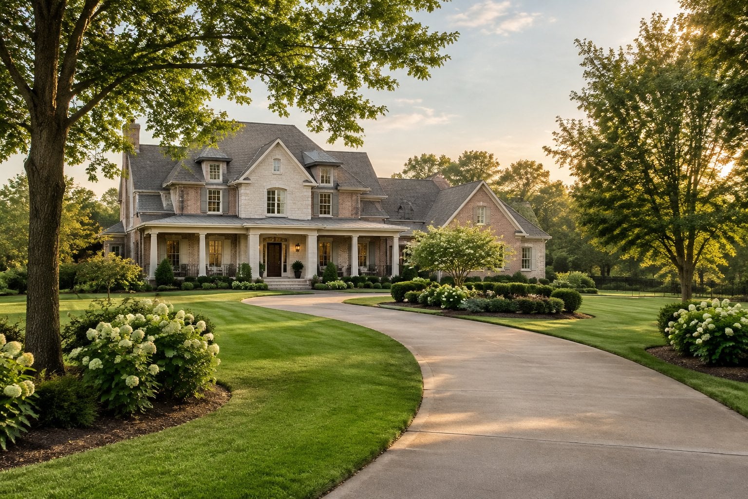 A large brick home surrounded by landscaped grounds and mature trees.