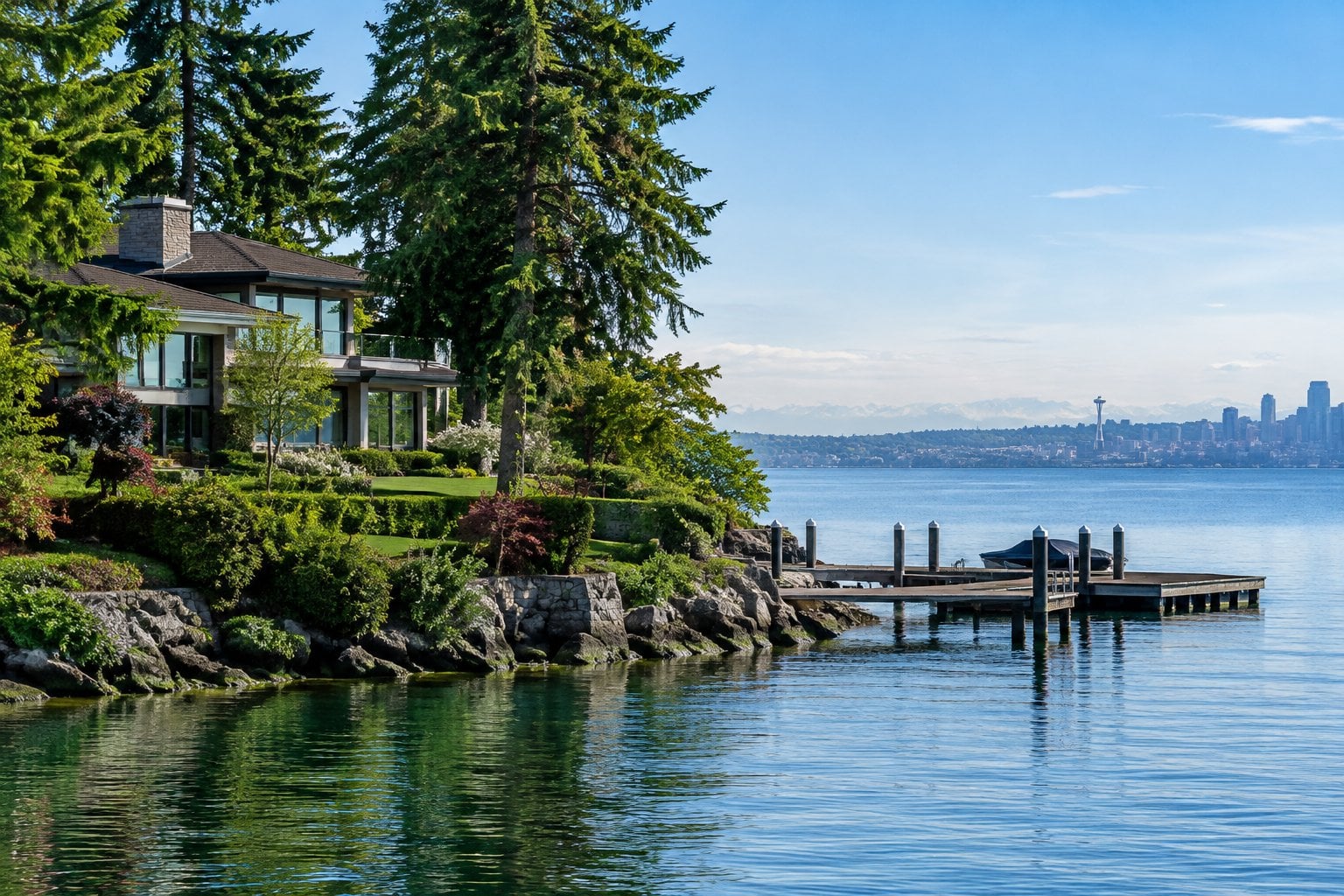 A large home among trees overlooks a private dock on Lake Washington.