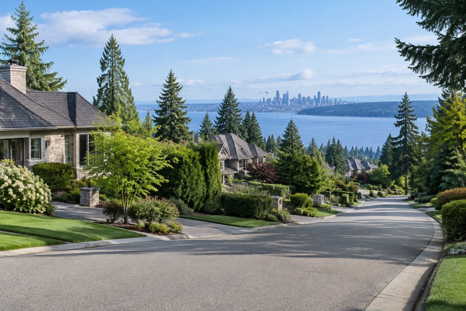 A quiet, tree-lined street with large homes and a distant view of Lake Washington and Seattle.