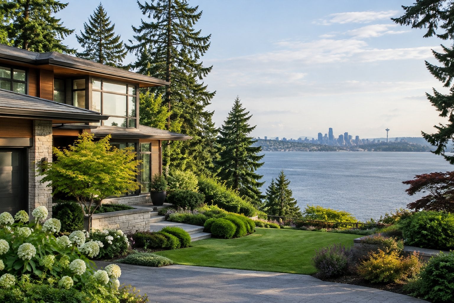 A waterfront home on Mercer Island with Lake Washington and Seattle in the distance.