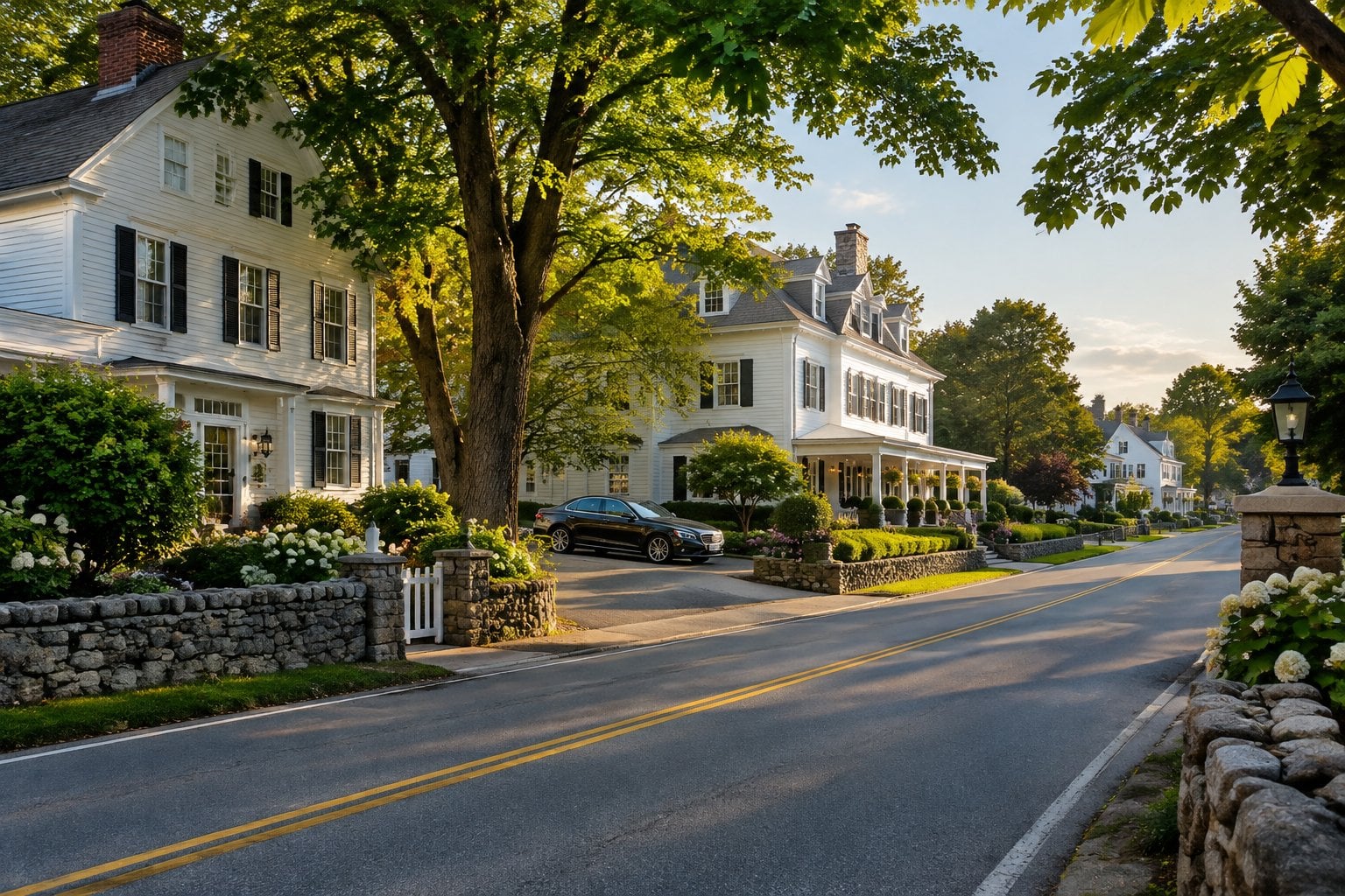 A leafy New England village street lined with historic homes, gardens, and stone walls.