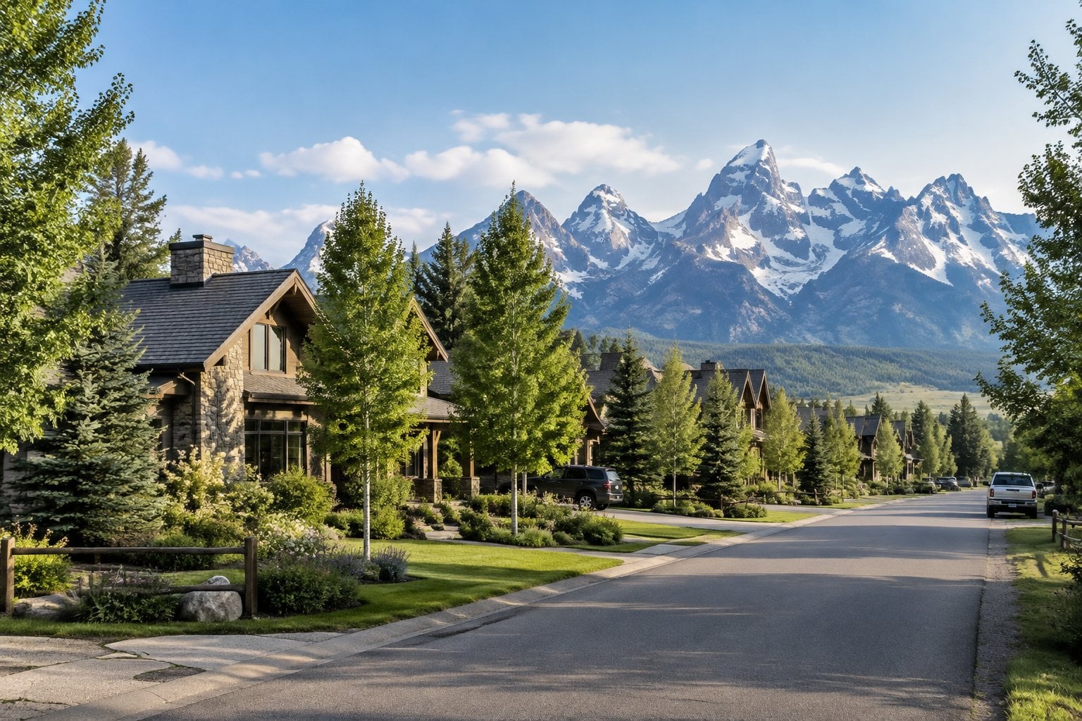 A quiet Wilson, Wyoming neighborhood with homes, green trees, and the Teton Range in the background.
