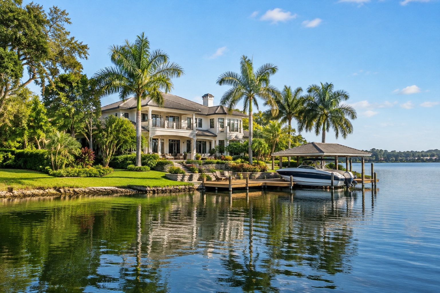 A large lakeside home with a private dock, boat, and palm trees.