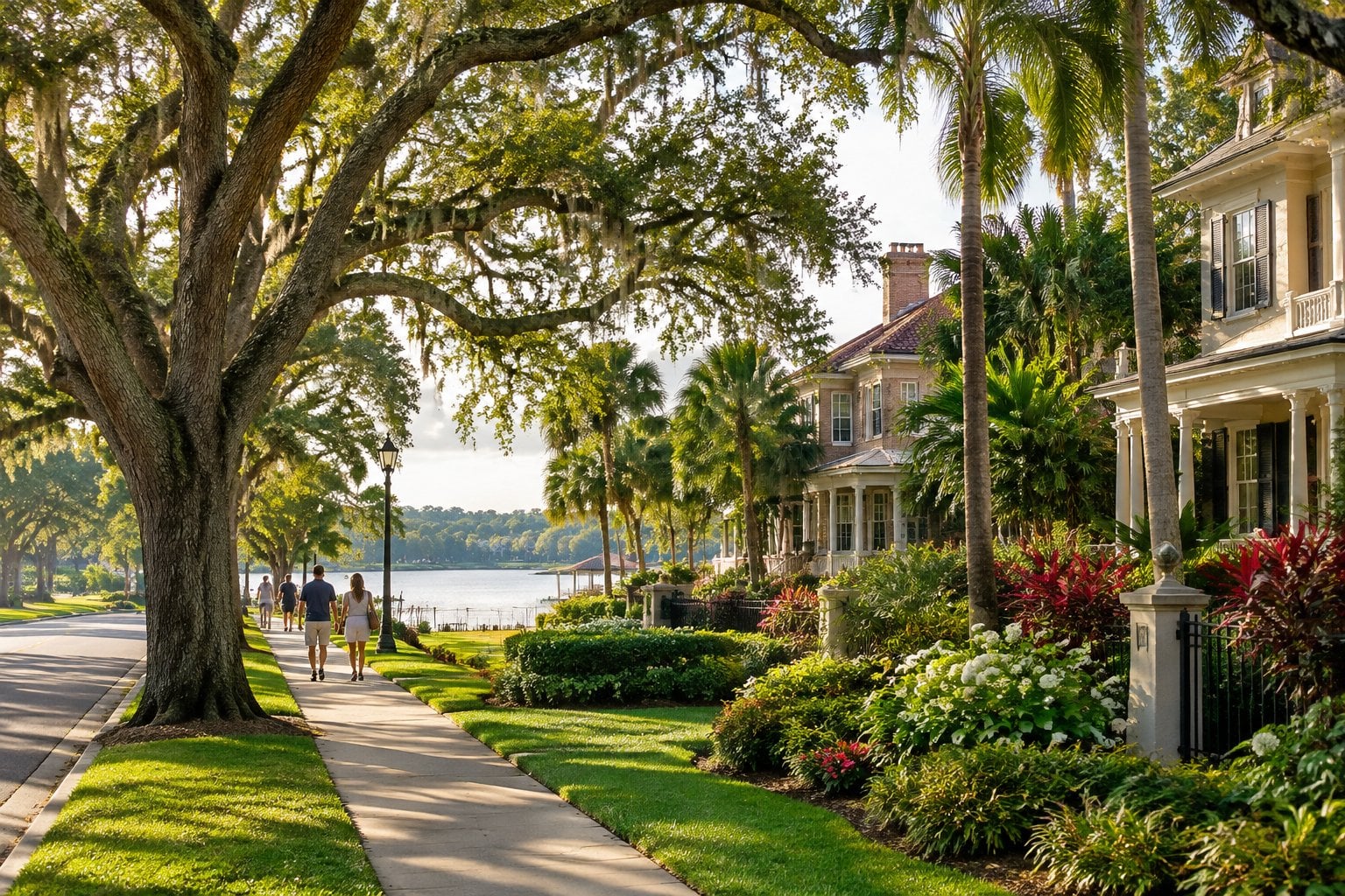 A tree-lined Winter Park street with elegant homes, tropical landscaping, and a calm lake.