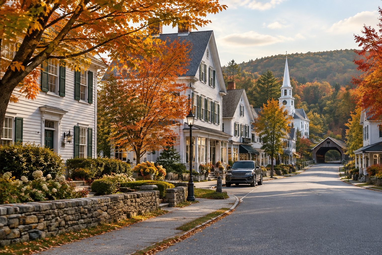 A quiet village street lined with historic homes and colorful autumn trees.