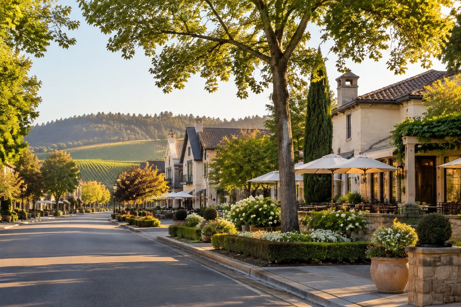 A quiet Yountville street with elegant buildings, landscaped gardens, and vineyards in the distance.